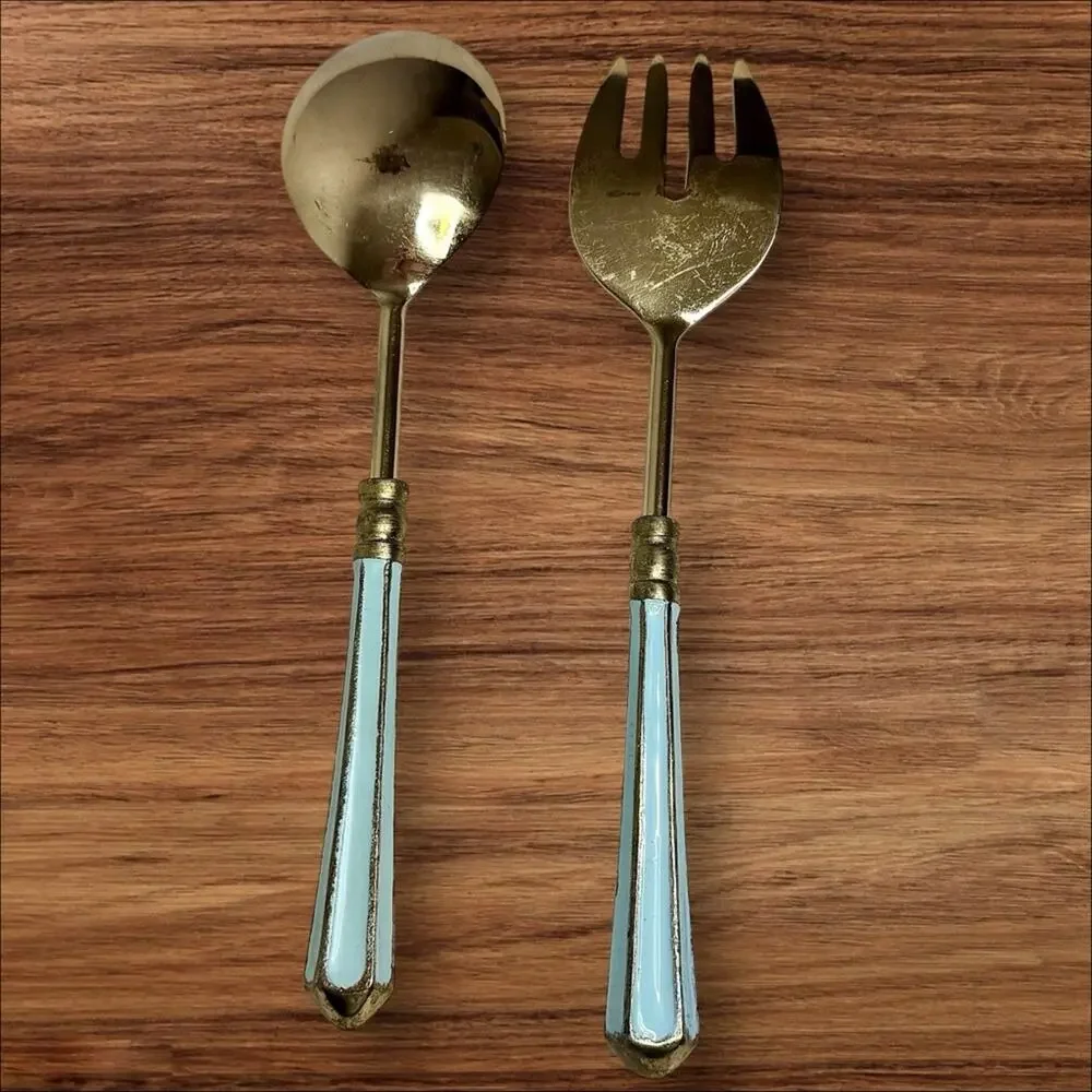 Vintage Serving Spoon & Fork Set Gold Tone Brass Handles MCM Hollywood Regency